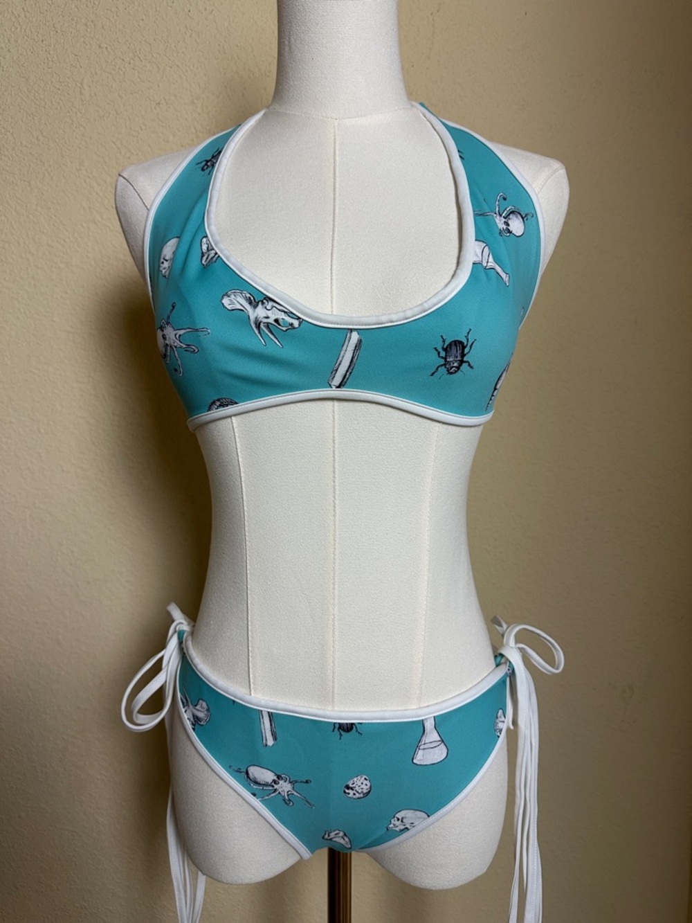 Reversible Teal & White Science Print Tie-Side Bikini Set